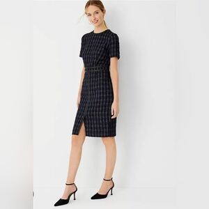Ann Taylor Navy Black Leather Accent Tweed Sheath Midi Dress Sz 00 Petite